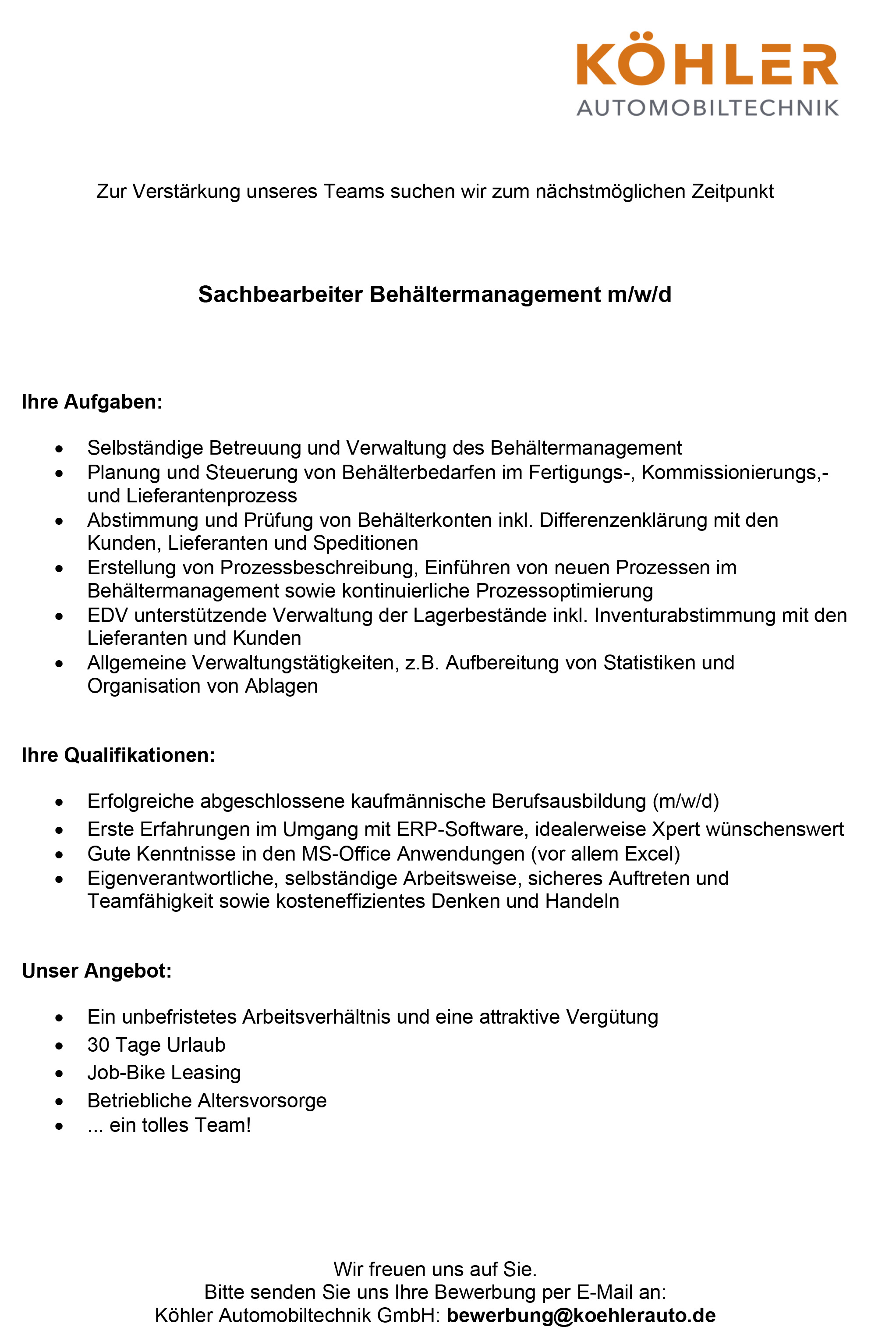 Köhler Auto Jobs bei Köhler Automobiltechnik GmbH